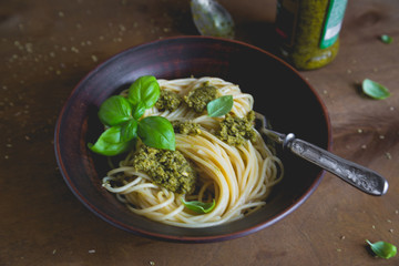 Canvas Print -  Pasta with pesto and fresh basil