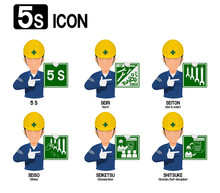 Set Of Industrial Worker Is Presenting 5S Infographic.