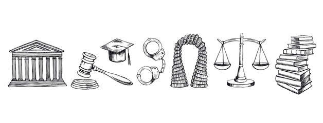 Wall Mural - Law symbols set. Vector hand drawn illustration.	