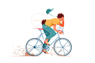 Young man rides sport bicycle listening to music