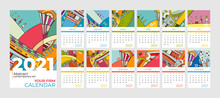 2021 Calendar Abstract Contemporary Art Vector Set. Desk, Screen, Desktop Months 2021, Colorful 2021 Calendar Template, Agenda Pattern. Psychedelic Sketched Calendar, Day Planner. Set 12 Month Pages.
