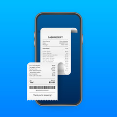 Receipt for smartphone screen. Pay tax online receipt Business card for mobile app design. Mobile bank app. Vector stock illustration.