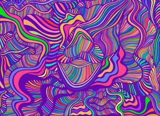 Funky bright abstract lines art  pattern, rainbow multicolor color. Decorative psychedelic stylish card.