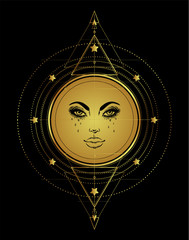 Poster - Golden Sun with sacred geometry in gold. Tattoo flesh design, yoga logo. Boho print, poster, t-shirt textile. Isolated vector illustration.