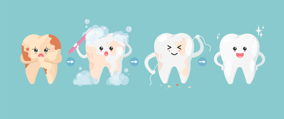 cute tooth characters in flat style. step of cleaning teeth stains. from unhealthy teeth to healthy 
