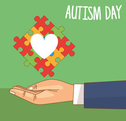 Sticker - world autism day with hand lifting puzzle pieces