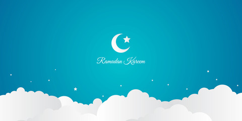 Blue vector card design for ramadan kareem greeting. Ramadan shiny crescent moon and mosque. Arabic Islamic calligraphy. Ramadan Kareem - Glorious month of Muslim year. White silver paper cut style