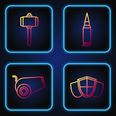 Sticker - Set line Shield, Cannon, Battle hammer and Bullet. Gradient color icons. Vector