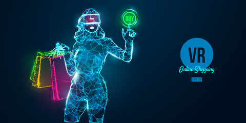 VR online shopping. Polygonal woman, girl wearing virtual reality glasses. Beautiful happy and stylish woman with a shopping bags, buy a goods in one click. VR headset holographic wireframe vector