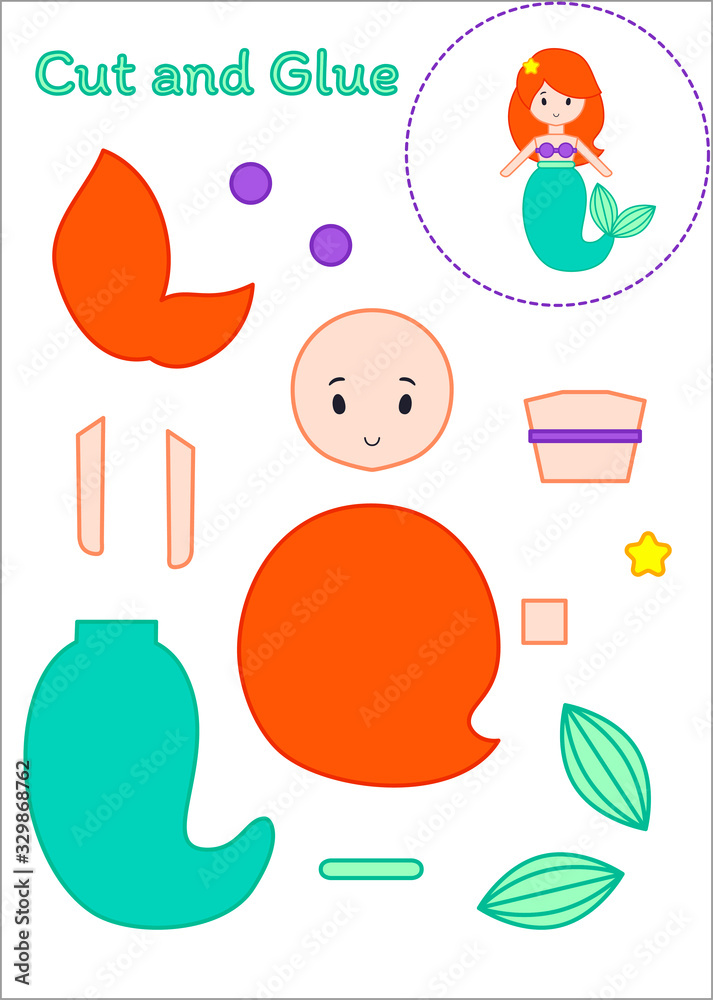 Cut and Glue Worksheet - Little Mermaid Stock Vector | Adobe Stock