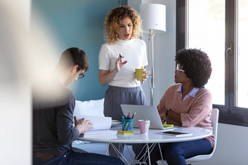 Wall Mural - Casual young business people working with laptop and talking of they new project together in the office.