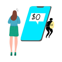 Cyber hacker thief stealing money from a girl s smartphone online wallet. Vector illustration in flat cartoon style.