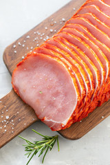 Sticker - marinated meat on wooden board with herbs