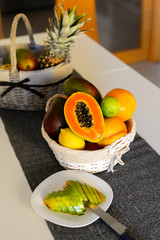 Fruit basket on the table. Vegetarian food. Proper nutrition. Healthy lifestyle