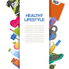 Healthy lifestyle with fitness, diet and with weight scales, sport wear and food vector illustration. Fitness and healthy diet poster with text space.