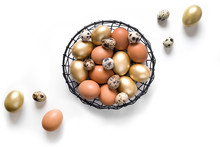 Easter Golden, Quail, Chicken Eggs In Bowl On White. View From Above. Minimal Composition.