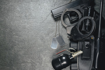 Wall Mural - Concept of special agent accessories on dark flat lay background.