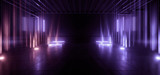 Fototapeta Do przedpokoju - Sci Fi Futuristic Purple Blue Spotlight  Club neon Laser Concrete Tunnel Corridor Studio Garage Underground Showroom Cyber Virtual 3D Rendering
