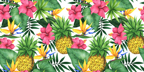 Seamless floral pattern with pineapples, tropical flowers and leaves.