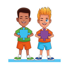 Poster - happy interracial boys with puzzle pieces avatars characters