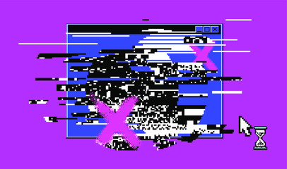 Aufkleber - Computer screen with glitched pixels and noise. VHS camera effect like in old videotape rewind. 