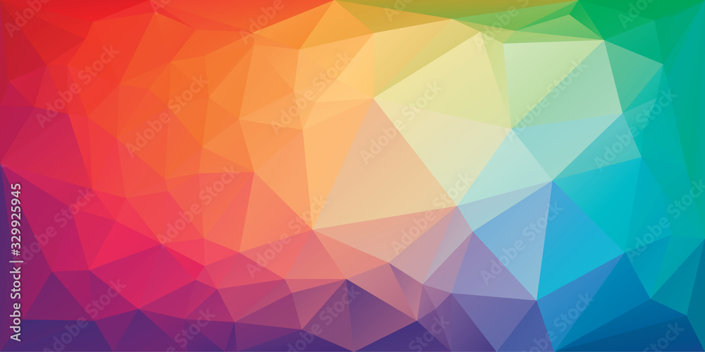 Low poly triangular background in bright rainbow colors. Colorful polygonal banner template. Multicolor backdrop in origami style. Vector eps8 illustration with irregular triangles. - obrazy, fototapety, plakaty 