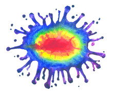 Rainbow Spot With Splashes And Drops, Watercolor Abstraction. Illustration On A White Background, Isolated.