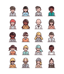 Poster - avatar male female men women cartoon character people icons set line and fill style icon