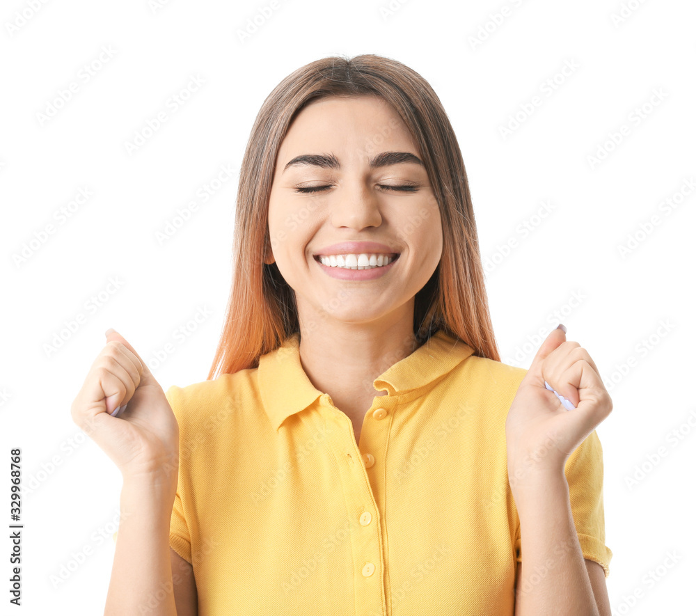 Young woman with healthy teeth on white background