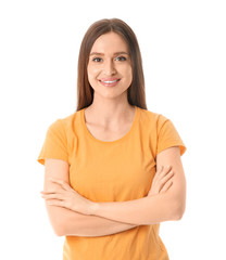 Wall Mural - Young woman with beautiful smile on white background