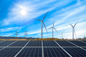 photovoltaic modules solar power plant with wind turbines against and blue sky with cloud,alternativ