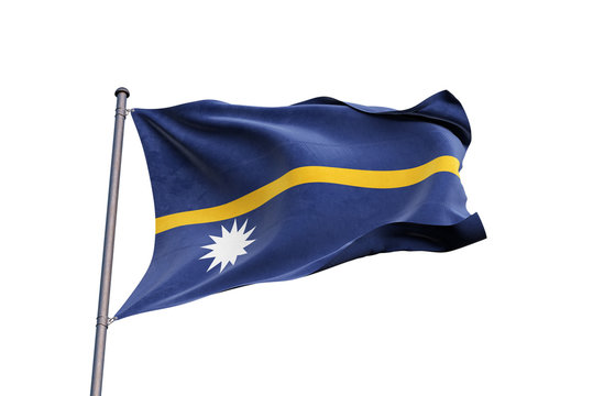 Nauru flag waving on white background, close up, isolated – 3D Illustration