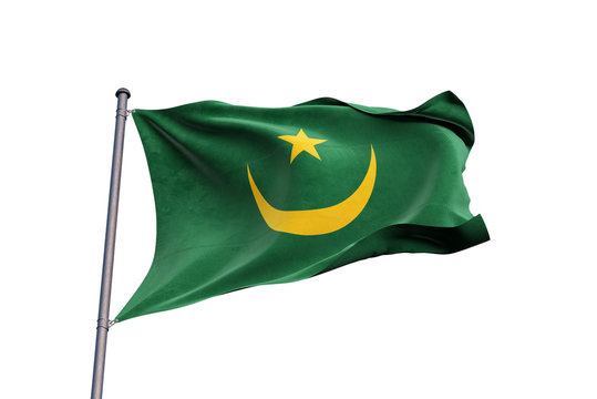 Mauritania flag waving on white background, close up, isolated – 3D Illustration