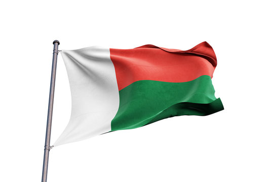 Madagascar flag waving on white background, close up, isolated – 3D Illustration