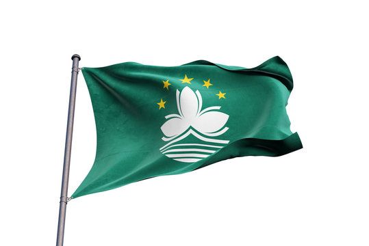 Macau flag waving on white background, close up, isolated – 3D Illustration