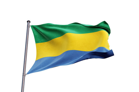 Gabon flag waving on white background, close up, isolated – 3D Illustration
