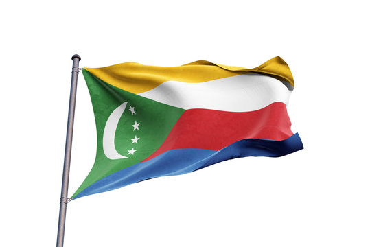 Comoros flag waving on white background, close up, isolated – 3D Illustration