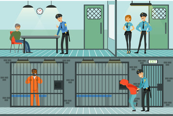 Poster - Police Department Set, Policemen Working and Questioning Suspects, Prison Cell with Prisoners Vector Illustration