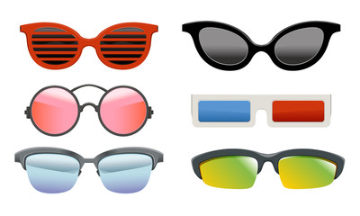 Sticker - Collection of Colorful Sunglasses of Different Shapes, Modern and Retro Eyeglasses, 3d Glasses Vector Illustration