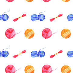 Knitting seamless pattern. Colorful  pattern with knitting and sewing tools on a white background, drawing watercolor. Fabric wallpaper print texture.