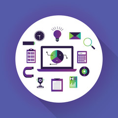 Poster - business workflow items and elements, office things and equipment, finance and marketing objects.