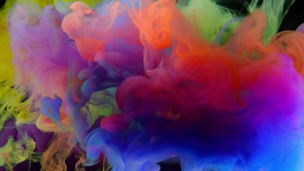 Wall Mural - 4K, Colorful paint drops mixing in water, abstract color mixing in water slow motion, drop of Ink color falling on water,  4K footage,