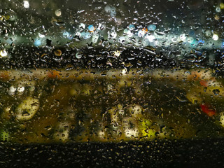 Poster - raindrops on the window against the background of city lights