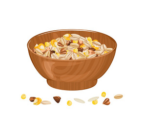 Wall Mural - Cereal grains in wooden bowl. Vector illustration of different seeds in cartoon flat style. Organic healthy food.