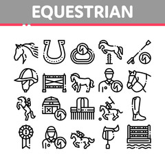 Poster - Equestrian Animal Collection Icons Set Vector. Equestrian Horse And Polo Game, Rider Helmet And Shoe, Horseshoe And Barrier Concept Linear Pictograms. Monochrome Contour Illustrations