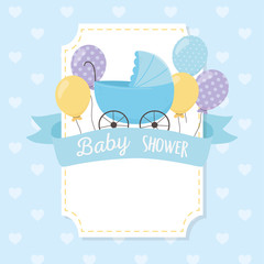 Canvas Print - baby shower, blue pram balloons ribbon decoration card