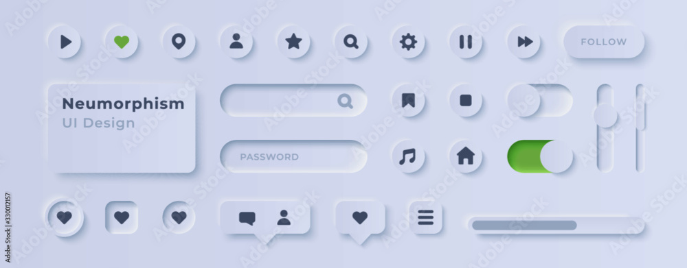 User interface elements for mobile app. UI icons set. Vector. Simple modern design. For mobile, web, social media, business. Neumorphism. Flat style eps10 illustration. White color. - obrazy, fototapety, plakaty 