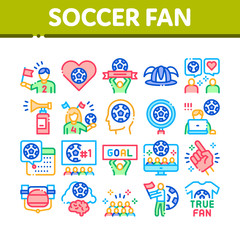 Poster - Soccer Fan Attributes Collection Icons Set Vector. Soccer Fan Hat And Glove In Hand Form, Heart And Air Beeper, T-shirt And Goal Nameplate Concept Linear Pictograms. Color Contour Illustrations