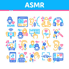 Poster - Asmr Sound Phenomenon Collection Icons Set Vector. Asmr Autonomous Sensory Meridian Response, Microphone And Earphones, Music Player Concept Linear Pictograms. Color Contour Illustrations