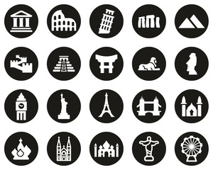 Landmarks Of The World Icons White On Black Flat Design Circle Set Big